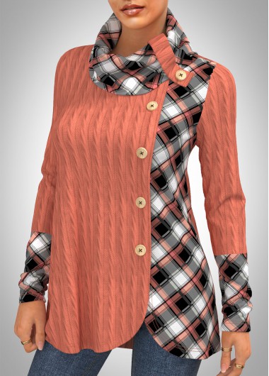 Pink tops,Plaid tops,ROTITA Plaid Twisted Pattern Cowl Neck Sweatshirt