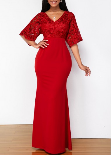 Red dresses,Plain Color dresses,ROTITA Solid Lace Patchwork V Neck 3/4 Sleeve Dress