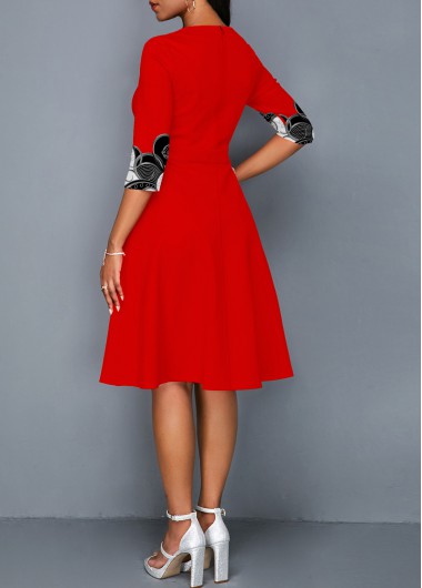 Red dresses,Tribal dresses,ROTITA Round Neck Tribal Print 3/4 Sleeve Dress