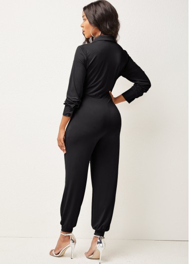 Black jumpsuits & rompers,Plain Color jumpsuits & rompers,Tie Front Deep V Neck Long Sleeve Jumpsuit
