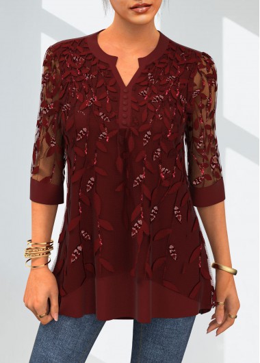 Deep Red tops,Plain Color tops,ROTITA Lace Patchwork Split Neck 3/4 Sleeve Blouse