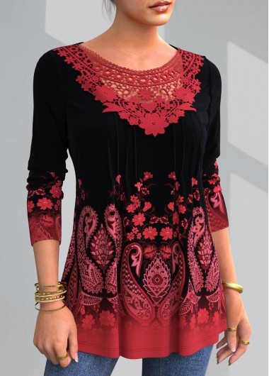 Red tops,Paisley tops,ROTITA Paisley Print Lace Patchwork T Shirt
