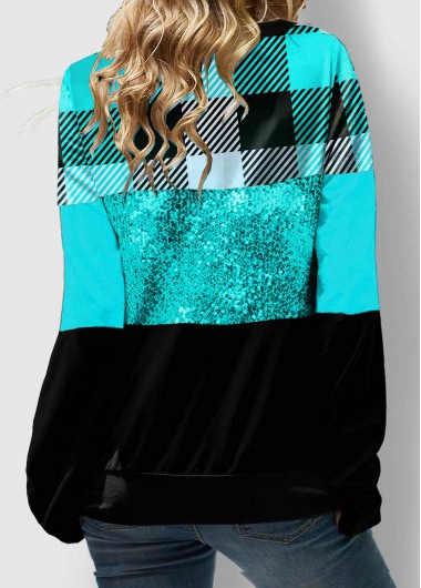 Cyan tops,Plaid tops,ROTITA Lace Up Plaid Cyan Sequin Sweatshirt