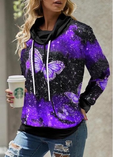 Purple tops,Animal Print tops,ROTITA Butterfly Print Drawstring Detail Cowl Neck Sweatshirt