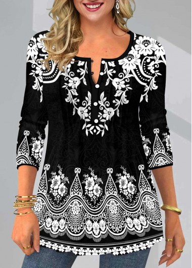 Black tops,Tribal tops,ROTITA Tribal Print Black Split Neck T Shirt