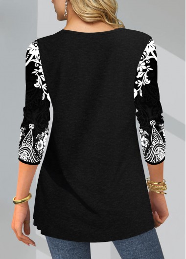 Black tops,Tribal tops,ROTITA Tribal Print Black Split Neck T Shirt