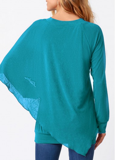 Cyan tops,Plain Color tops,ROTITA Asymmetric Hem Cyan V Neck Layered T Shirt