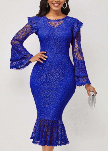Royal Blue dresses,Plain Color dresses,ROTITA Layered Bell Sleeve Blue Lace Stitching Mermaid Dress