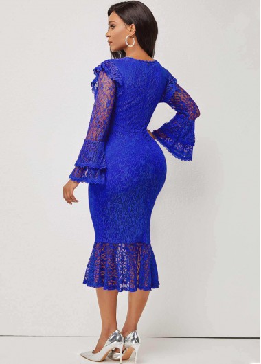 Royal Blue dresses,Plain Color dresses,ROTITA Layered Bell Sleeve Blue Lace Stitching Mermaid Dress