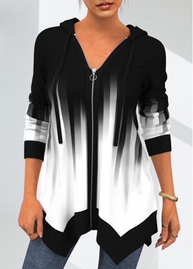 White tops,Contrast Color tops,ROTITA Asymmetric Hem White Drawstring Detail Hoodie