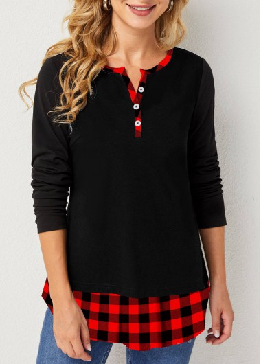 Red tops,Plaid tops,ROTITA Split Neck Red Christmas Plaid Long Sleeve T Shirt