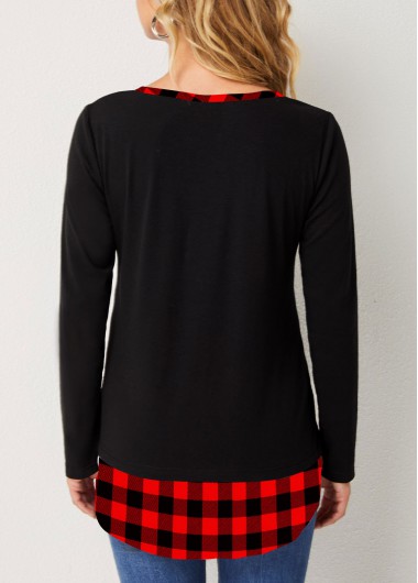 Red tops,Plaid tops,ROTITA Split Neck Red Christmas Plaid Long Sleeve T Shirt