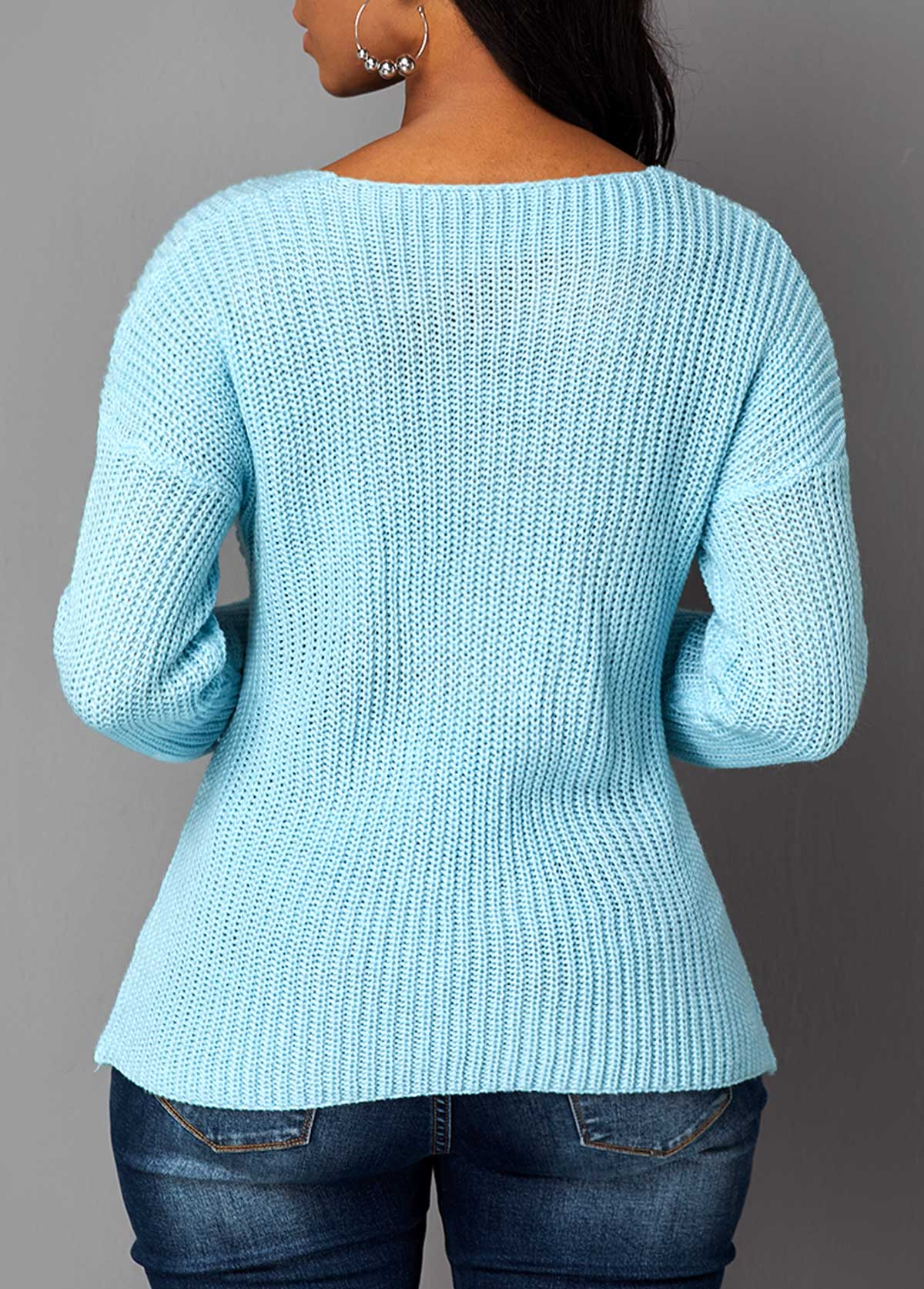 Blue tops,Plain Color tops,Long Sleeve Crossover Hem Cutout Front Sweater