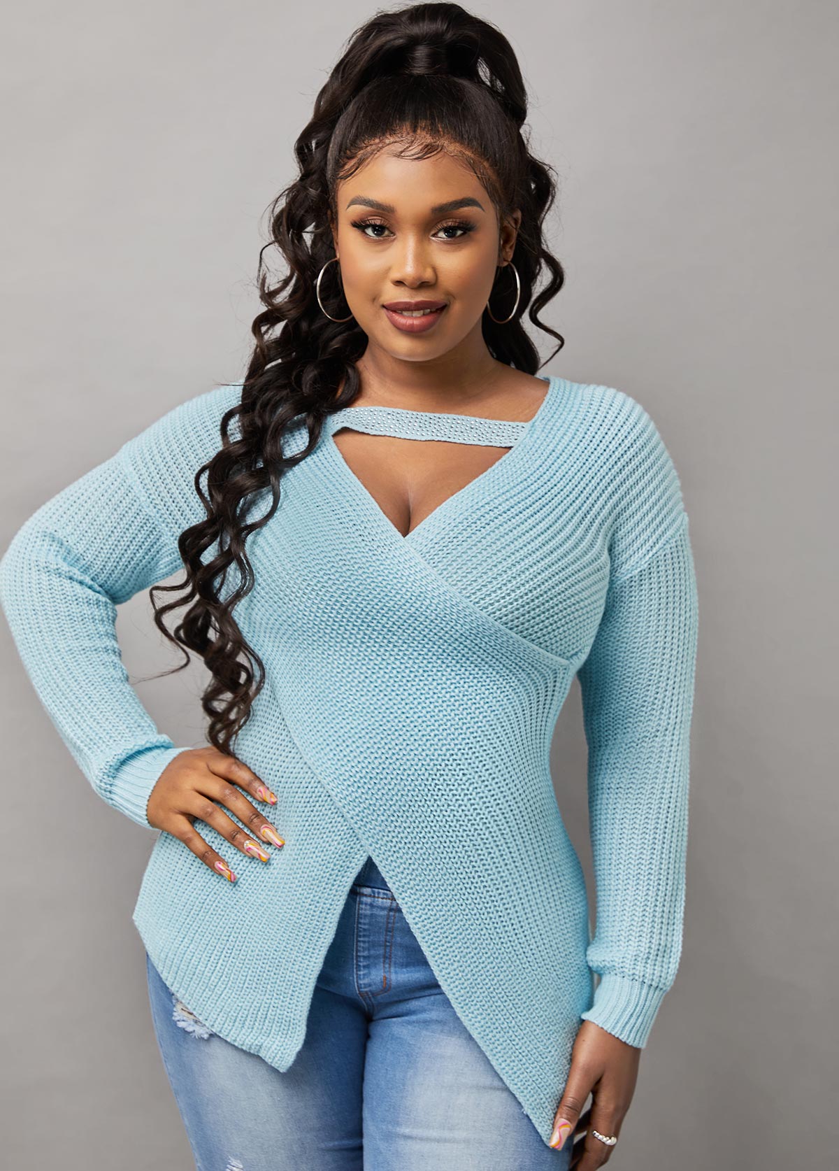 Blue tops,Plain Color tops,Long Sleeve Crossover Hem Cutout Front Sweater