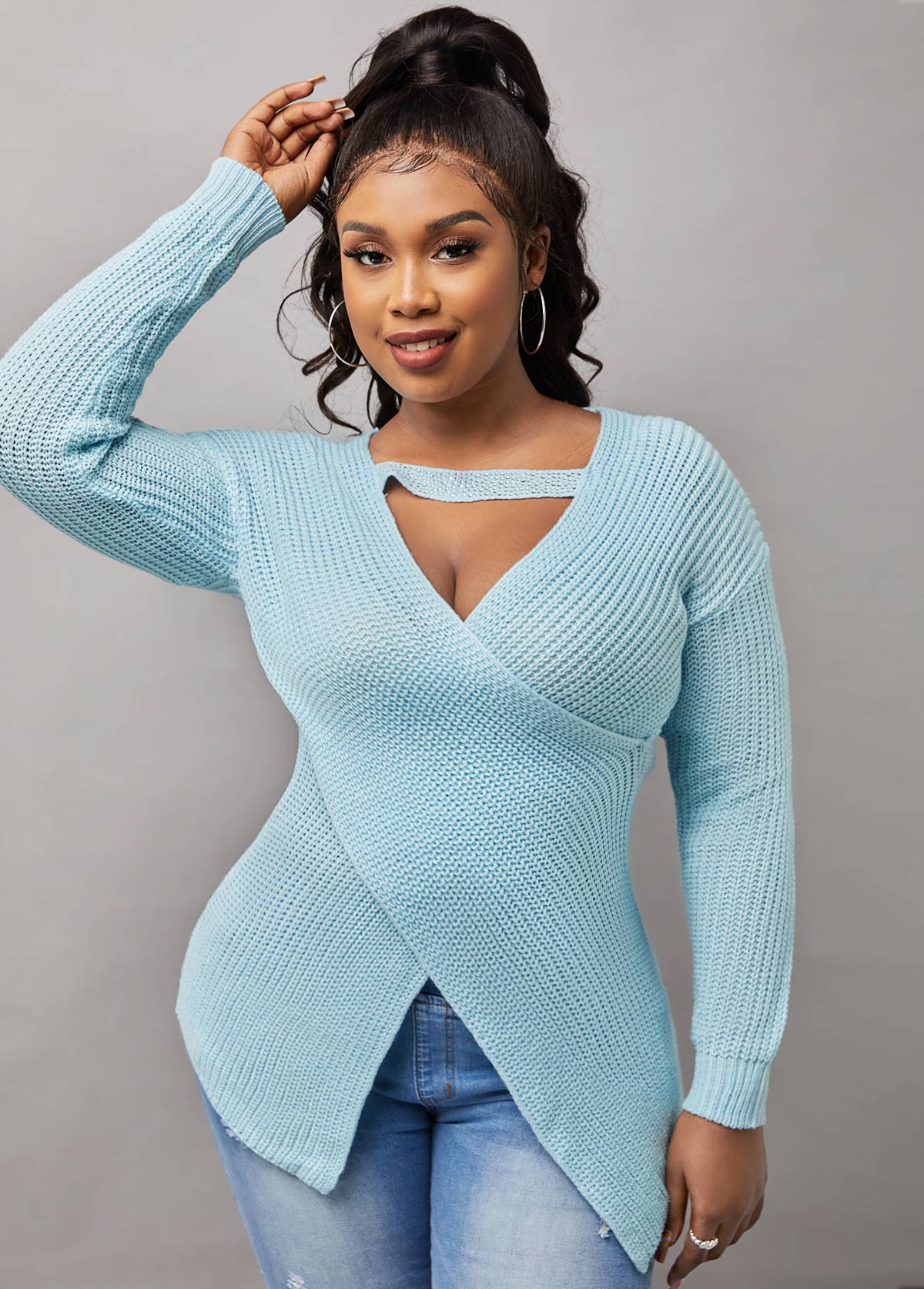 Blue tops,Plain Color tops,Long Sleeve Crossover Hem Cutout Front Sweater