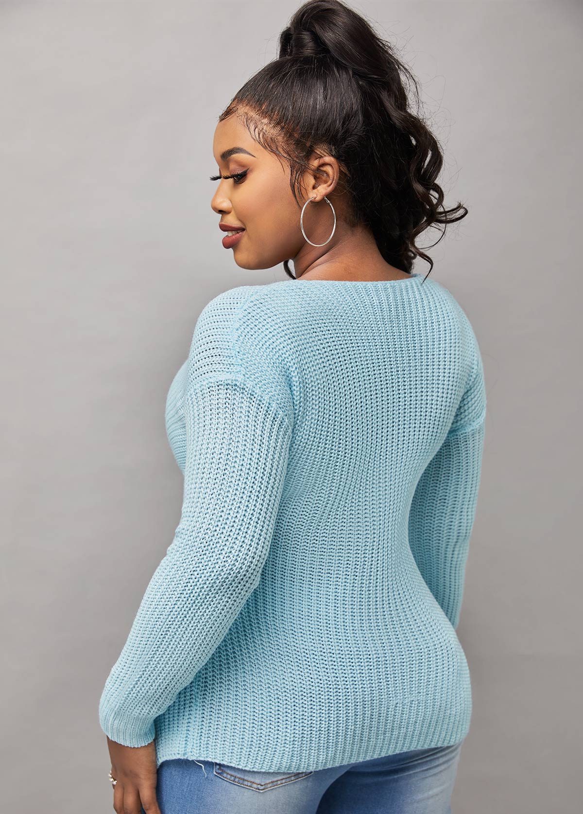 Blue tops,Plain Color tops,Long Sleeve Crossover Hem Cutout Front Sweater