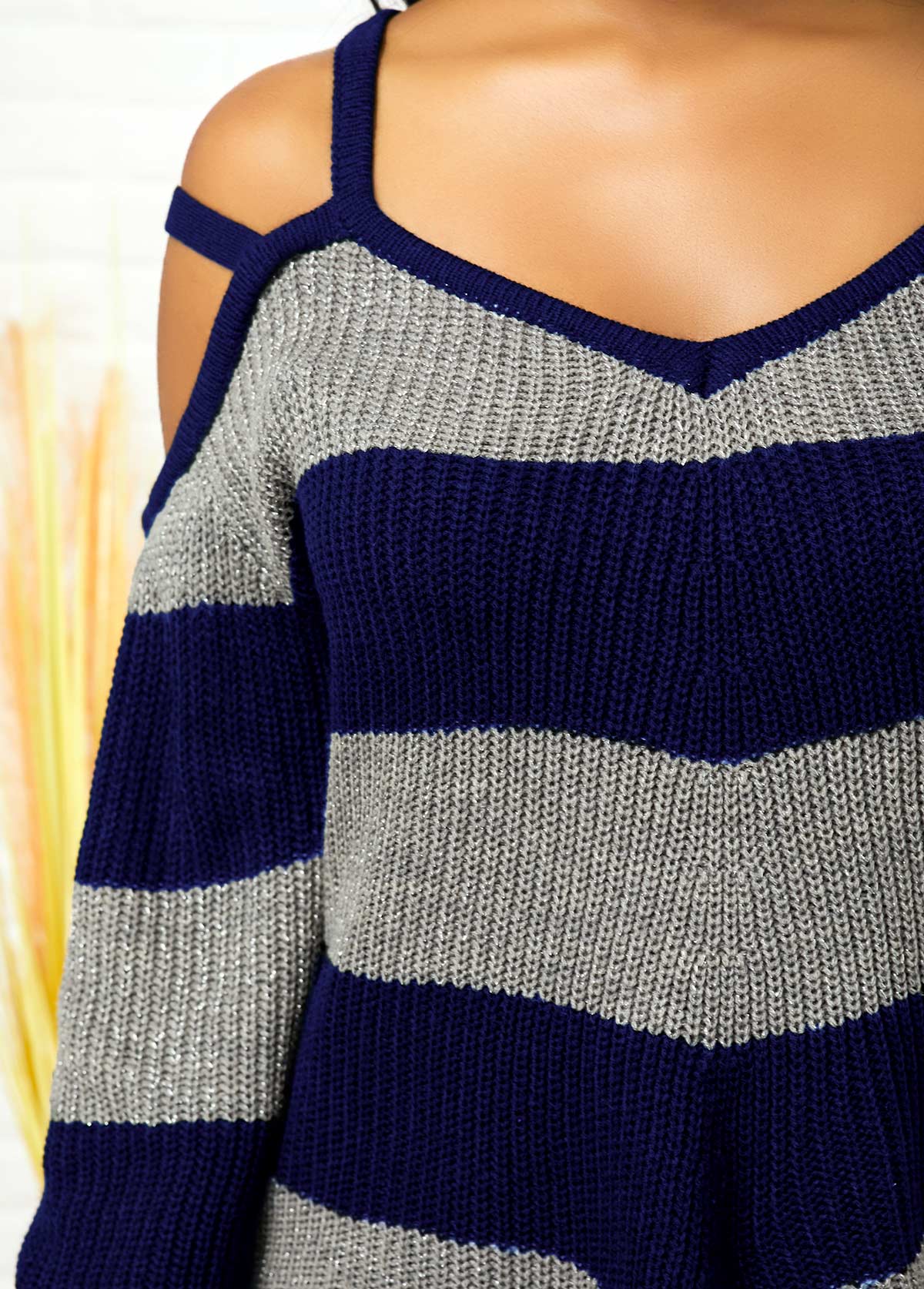 Navy tops,Striped tops,ROTITA Cold Shoulder Asymmetric Hem Striped Sweater