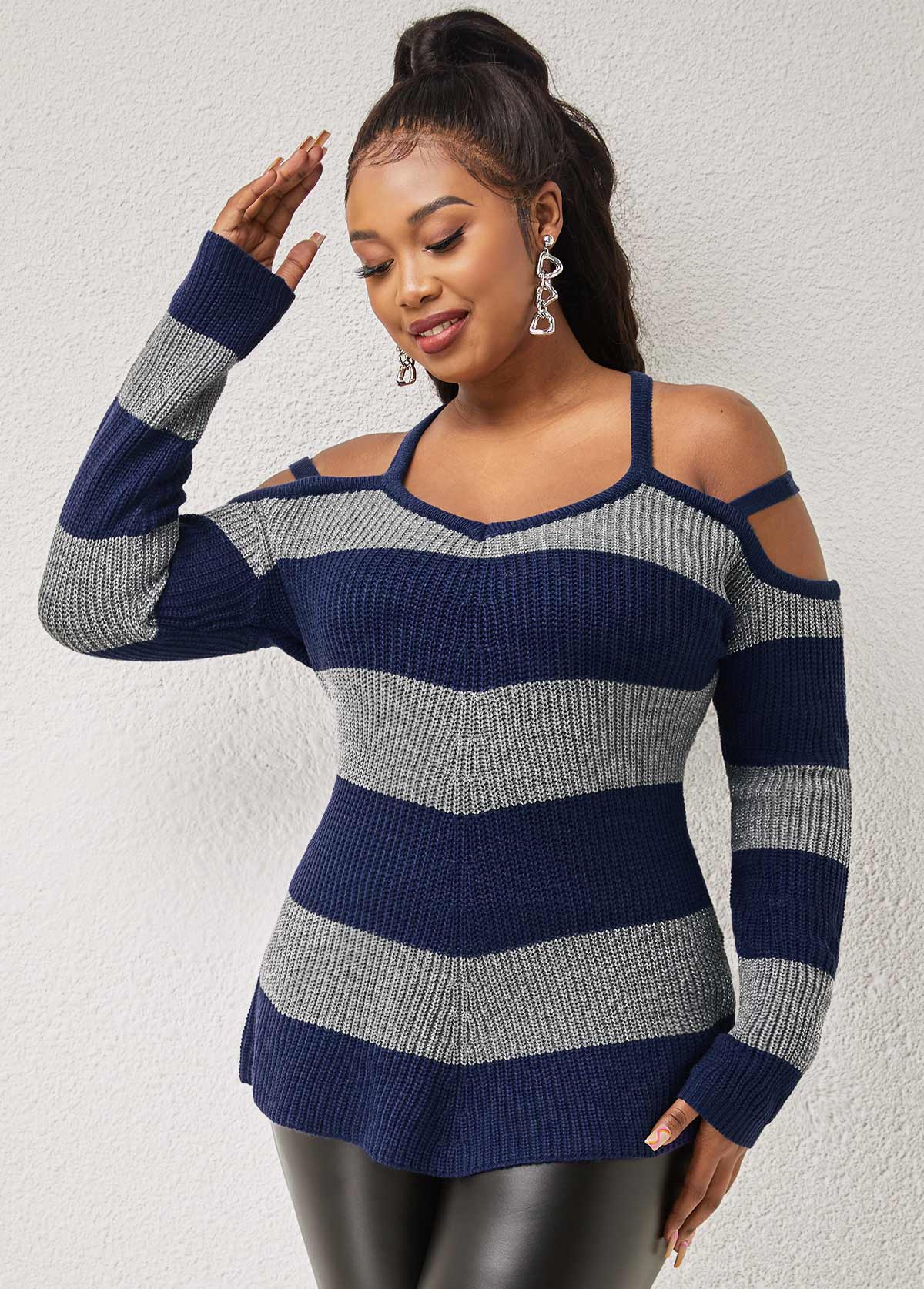 Navy tops,Striped tops,ROTITA Cold Shoulder Asymmetric Hem Striped Sweater