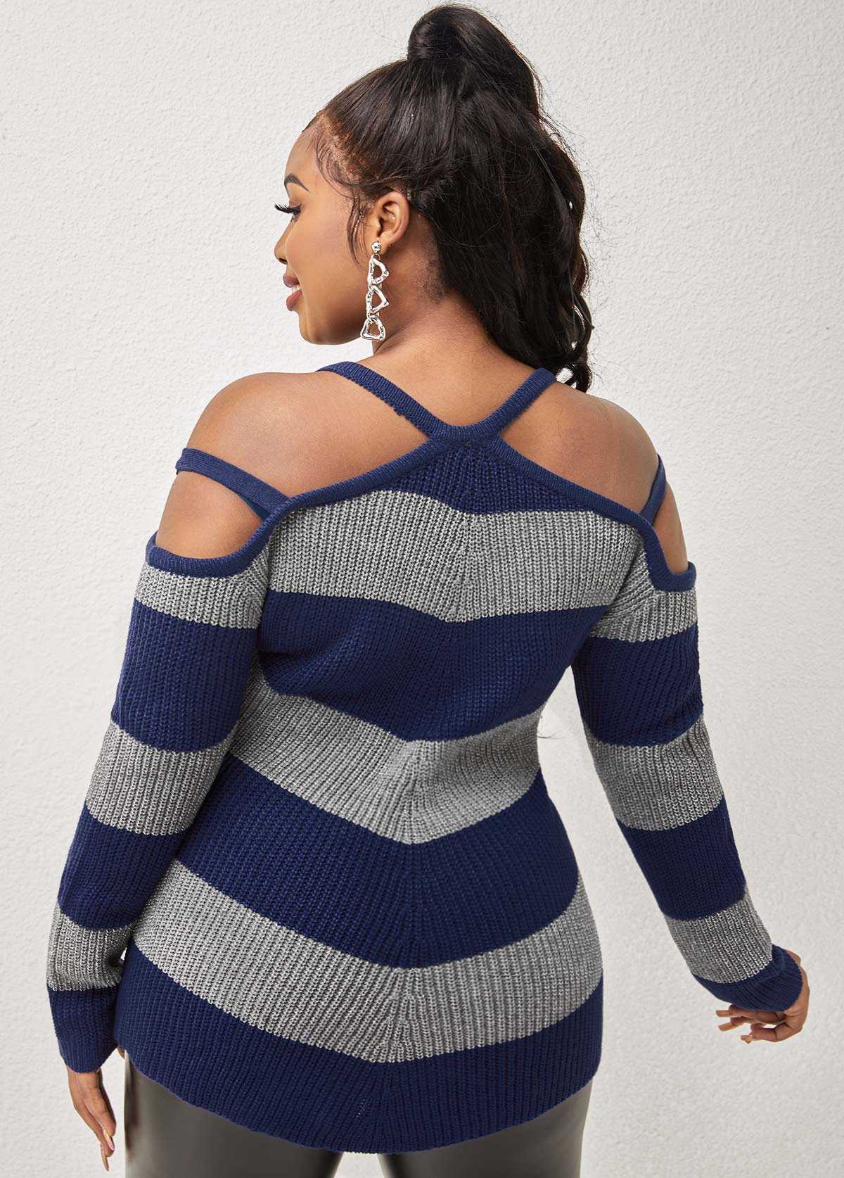 Navy tops,Striped tops,ROTITA Cold Shoulder Asymmetric Hem Striped Sweater