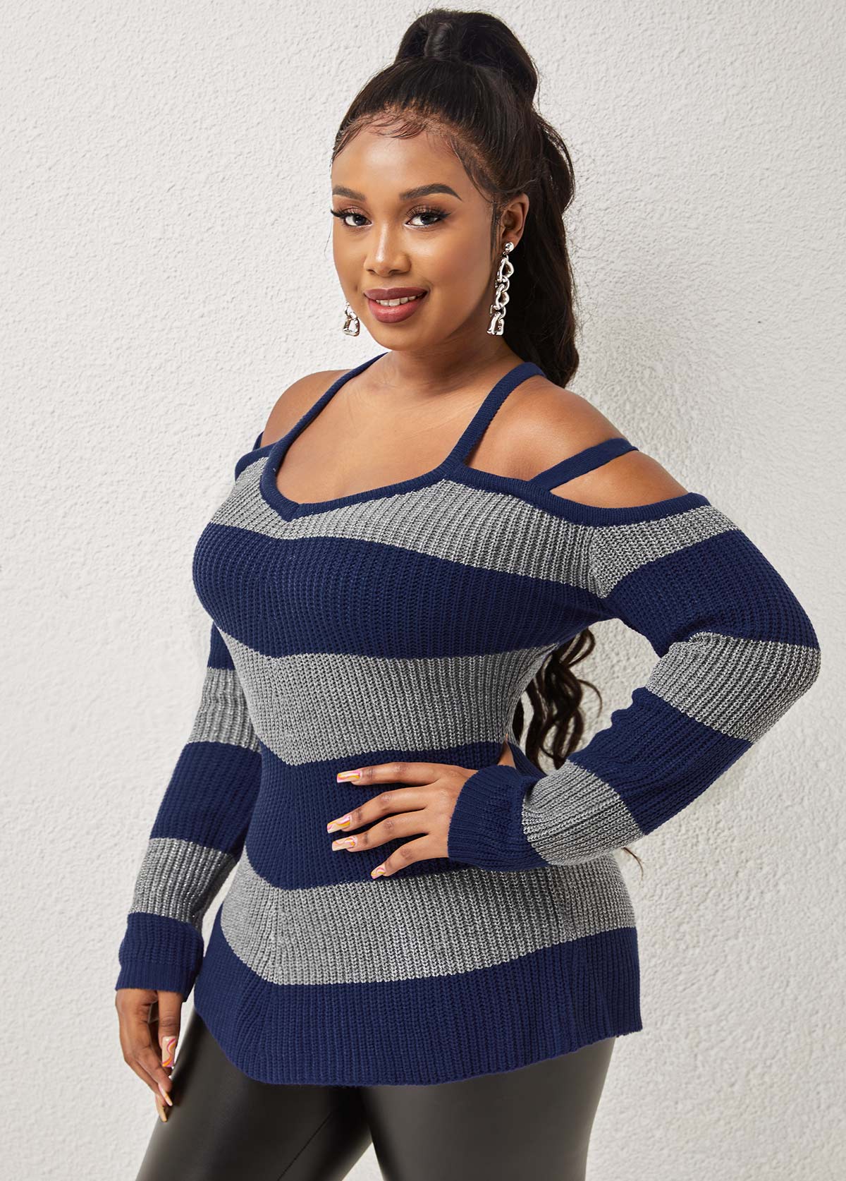 Navy tops,Striped tops,ROTITA Cold Shoulder Asymmetric Hem Striped Sweater