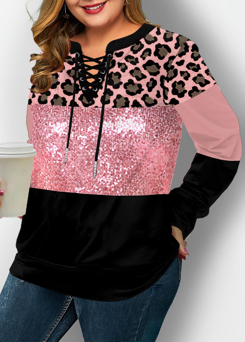 ROTITA Plus Size Lace Up Sequin Panel 