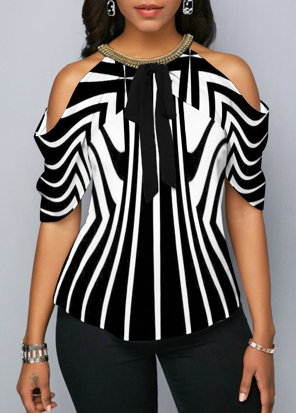 ROTITA Striped Embellished Neck Cold Shoulder Blouse