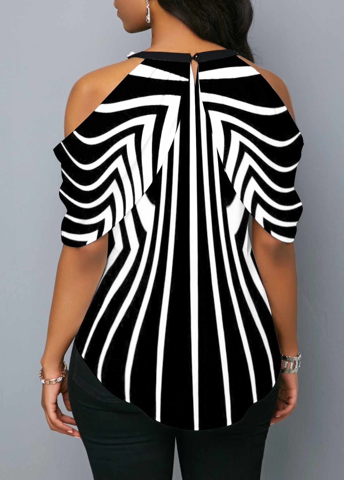Multi Color tops,Striped tops,ROTITA Striped Embellished Neck Cold Shoulder Blouse