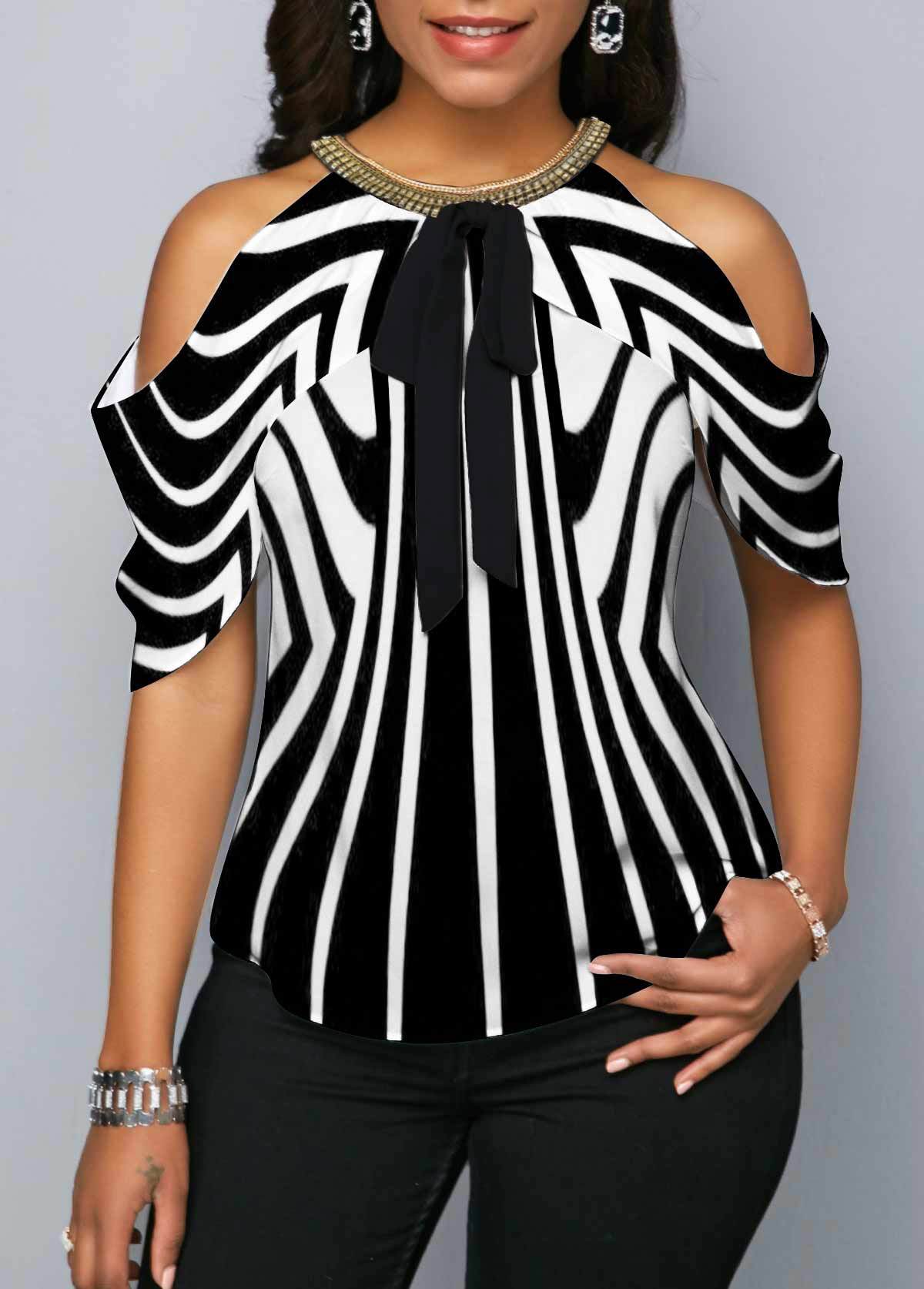 Multi Color tops,Striped tops,ROTITA Striped Embellished Neck Cold Shoulder Blouse