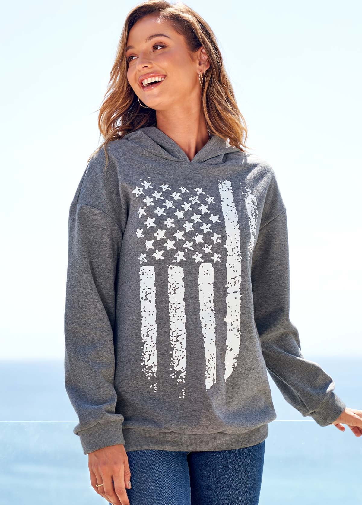 ROTITA Long Sleeve American Flag Print Grey Hoodie