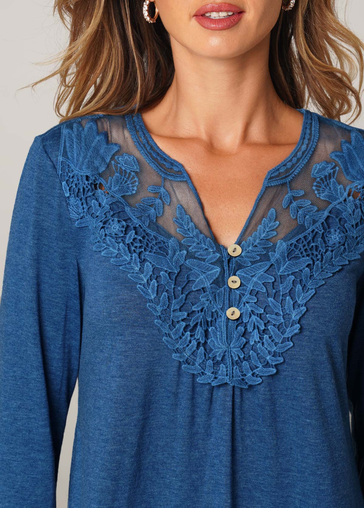 Blue tops,Plain Color tops,ROTITA Split Neck 3/4 Sleeve Solid T Shirt