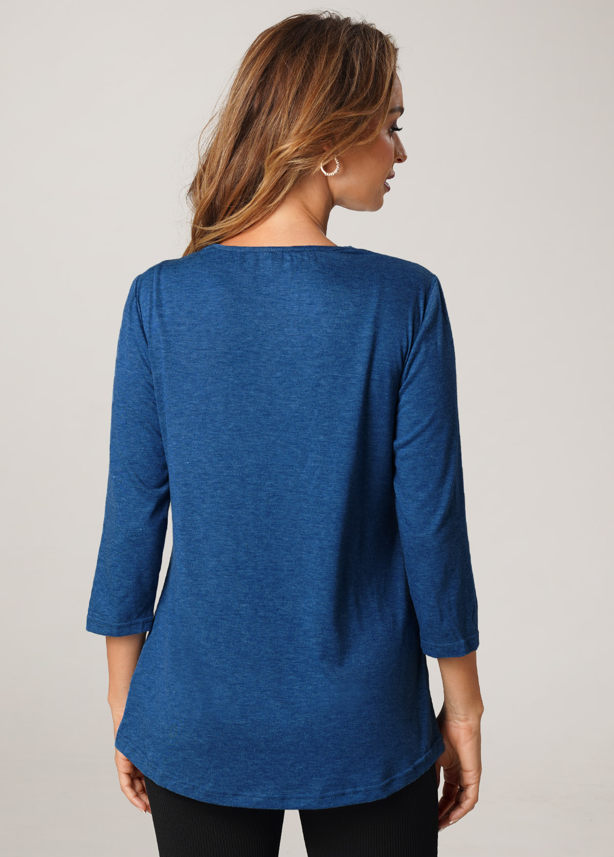 Blue tops,Plain Color tops,ROTITA Split Neck 3/4 Sleeve Solid T Shirt