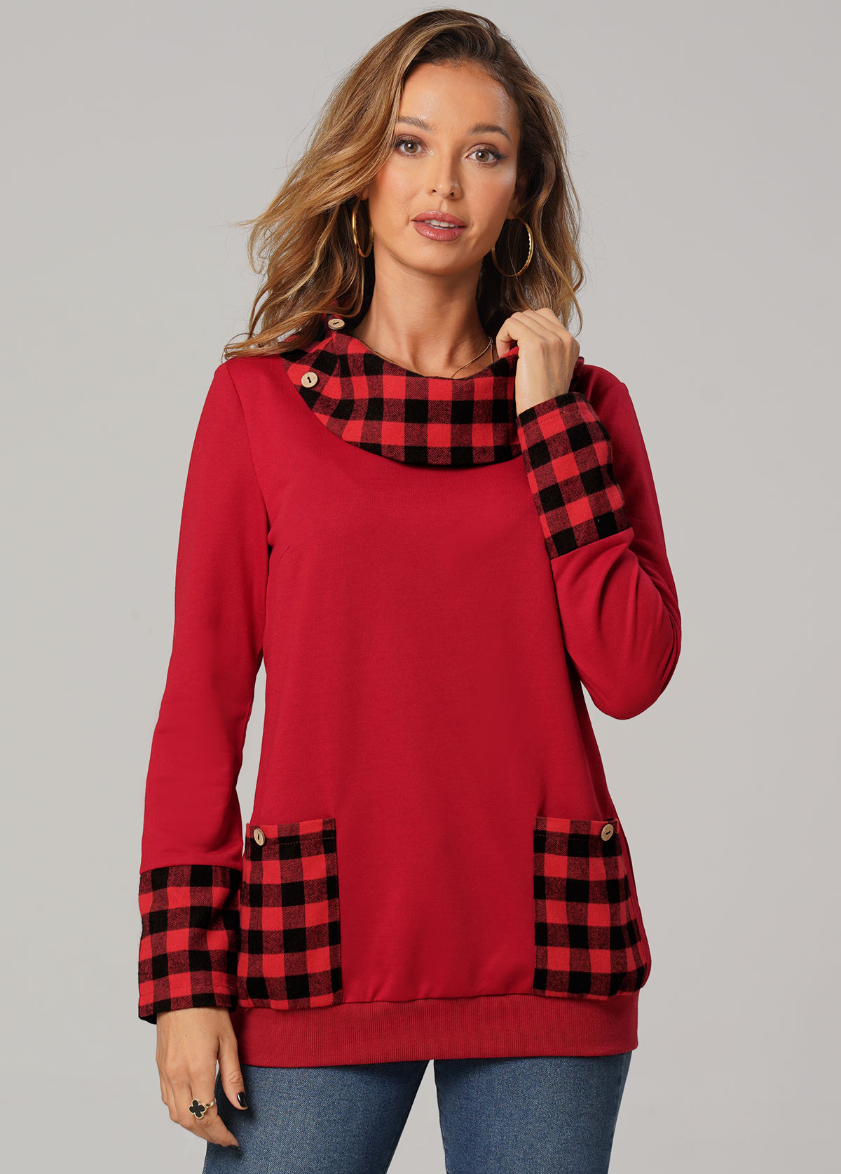 Red tops,Plaid tops,ROTITA Christmas Plaid Long Sleeve Pocket Red Sweatshirt