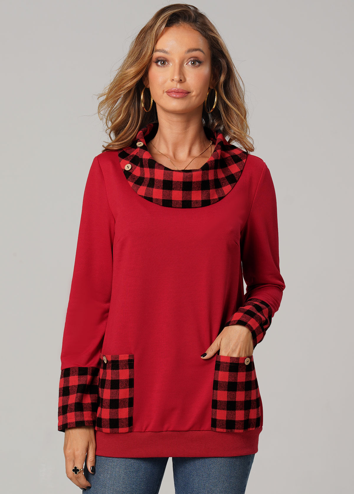 Red tops,Plaid tops,ROTITA Christmas Plaid Long Sleeve Pocket Red Sweatshirt