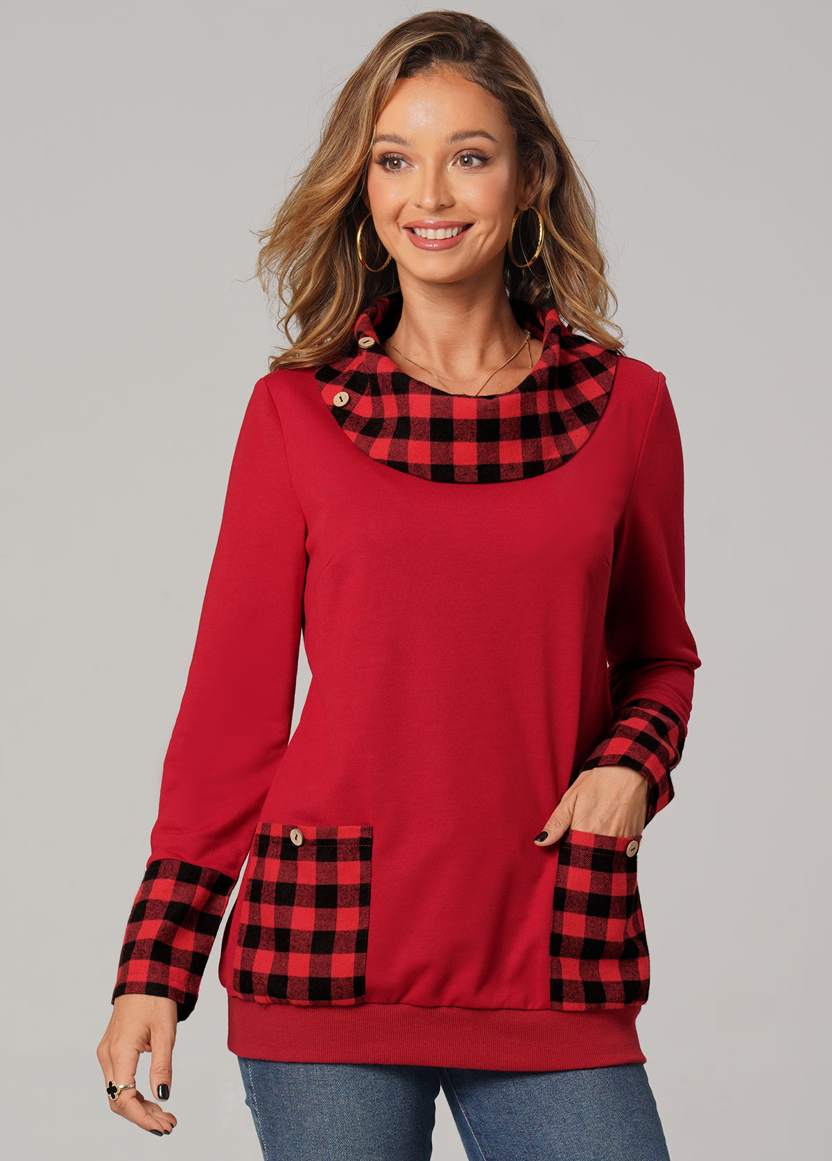 Red tops,Plaid tops,ROTITA Christmas Plaid Long Sleeve Pocket Red Sweatshirt