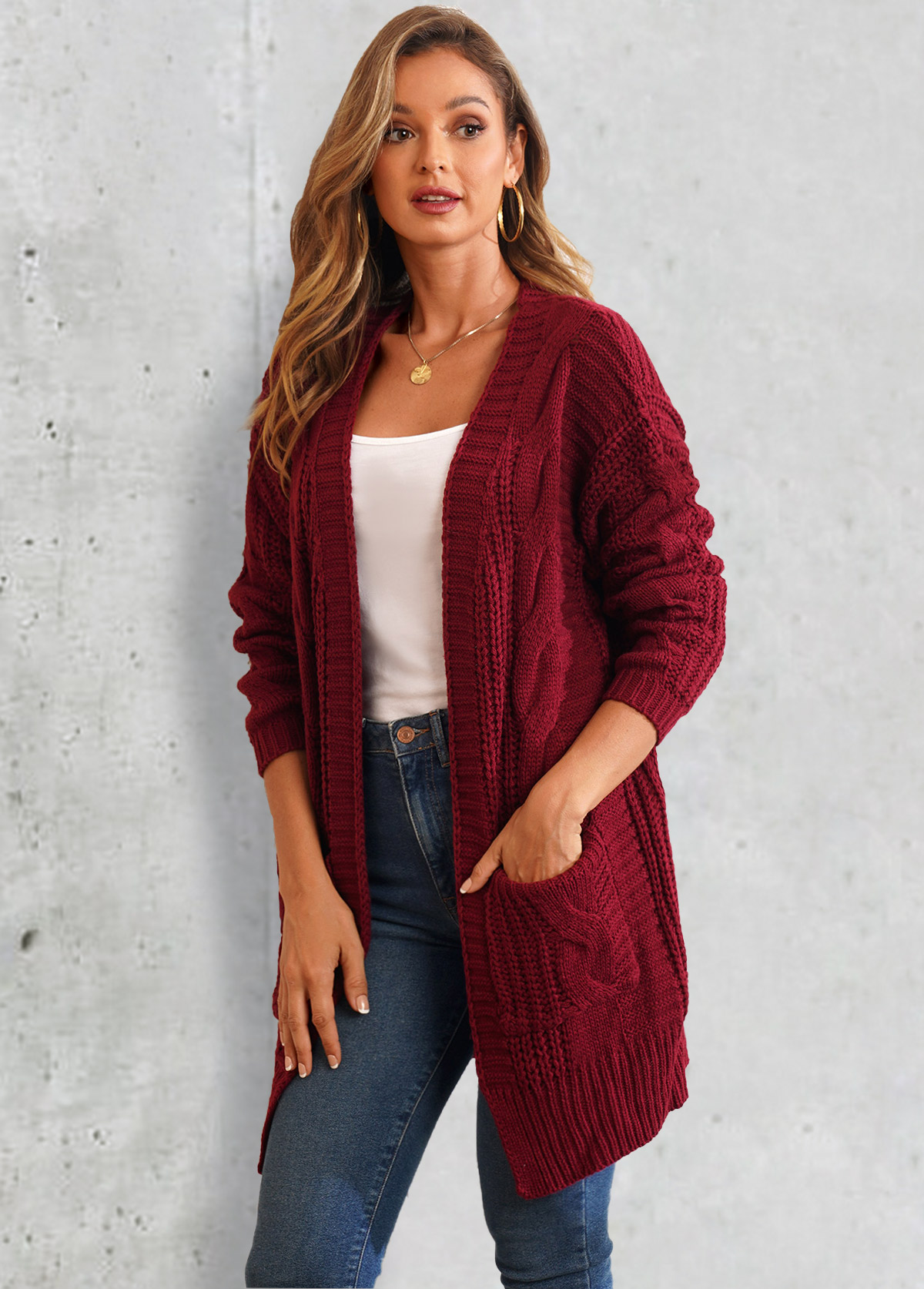 Open Front Pocket Long Sleeve Solid Cardigan