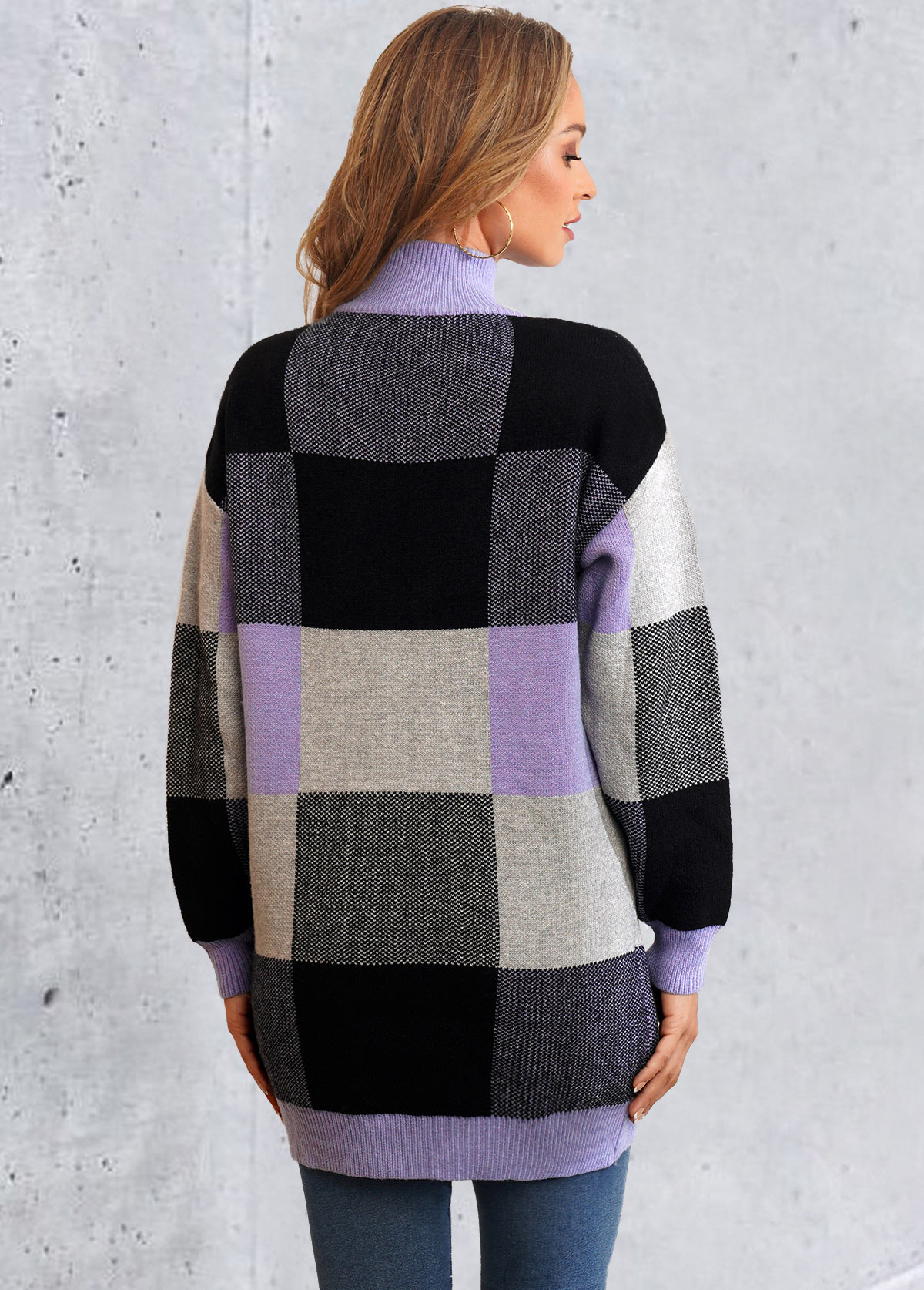 Multi Color tops,Plaid tops,Plaid Quarter Zip Long Sleeve Sweater