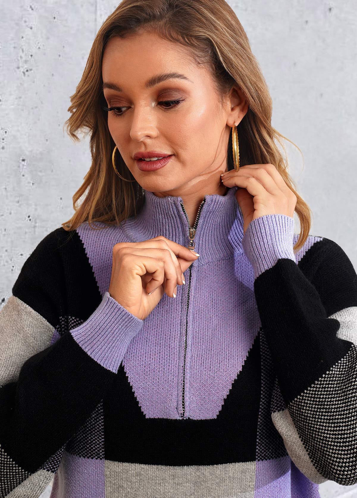 Multi Color tops,Plaid tops,Plaid Quarter Zip Long Sleeve Sweater