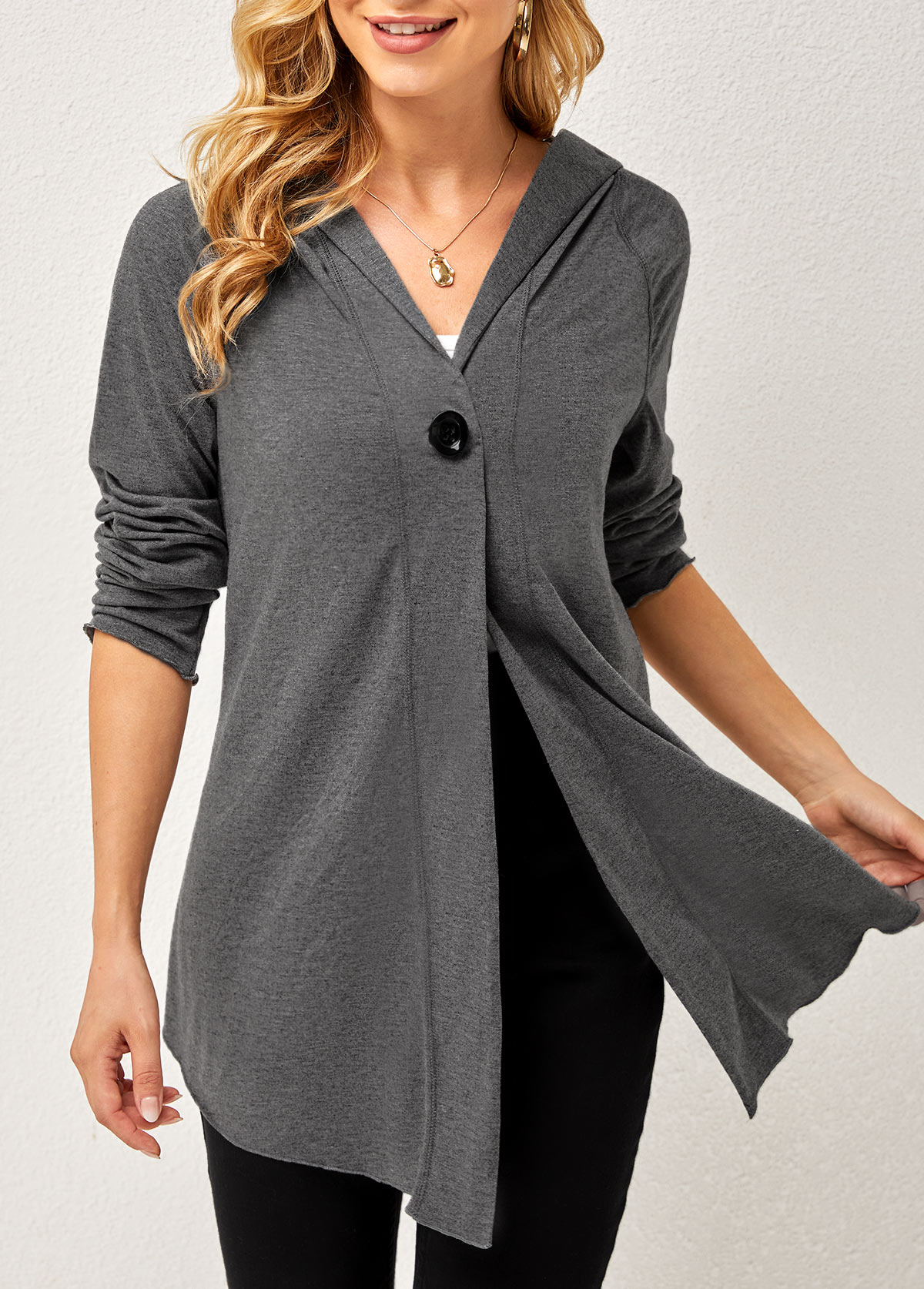 Grey tops,Plain Color tops,ROTITA One Button Solid Long Sleeve Hoodie
