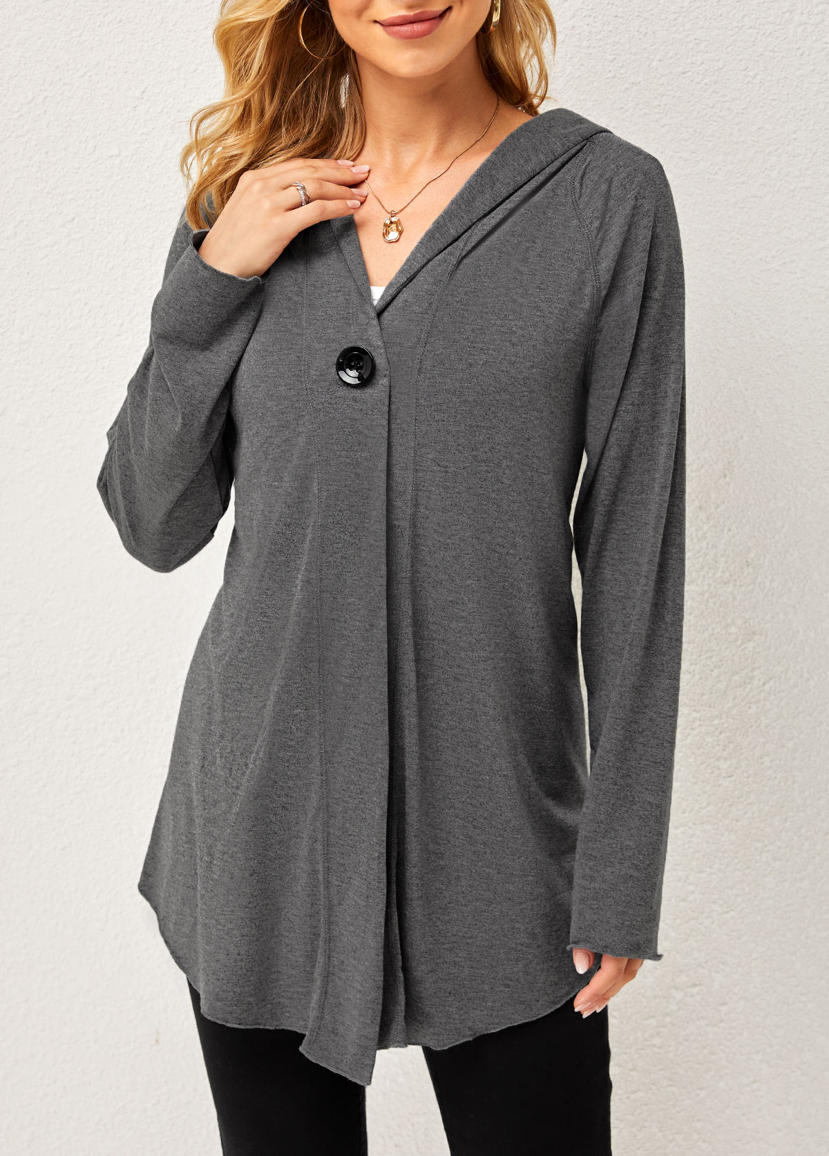 Grey tops,Plain Color tops,ROTITA One Button Solid Long Sleeve Hoodie