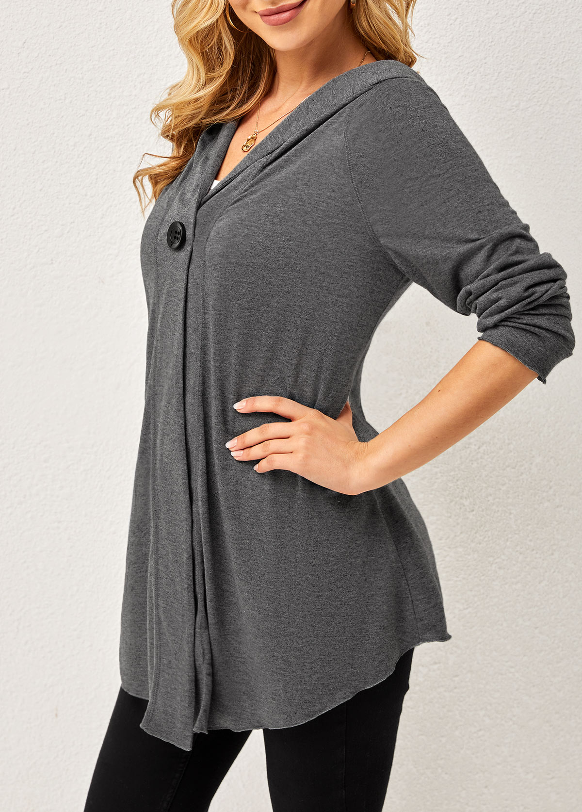 Grey tops,Plain Color tops,ROTITA One Button Solid Long Sleeve Hoodie