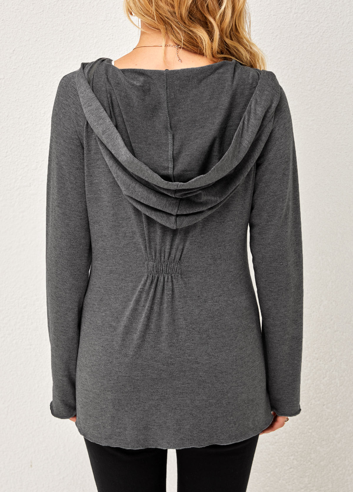 Grey tops,Plain Color tops,ROTITA One Button Solid Long Sleeve Hoodie