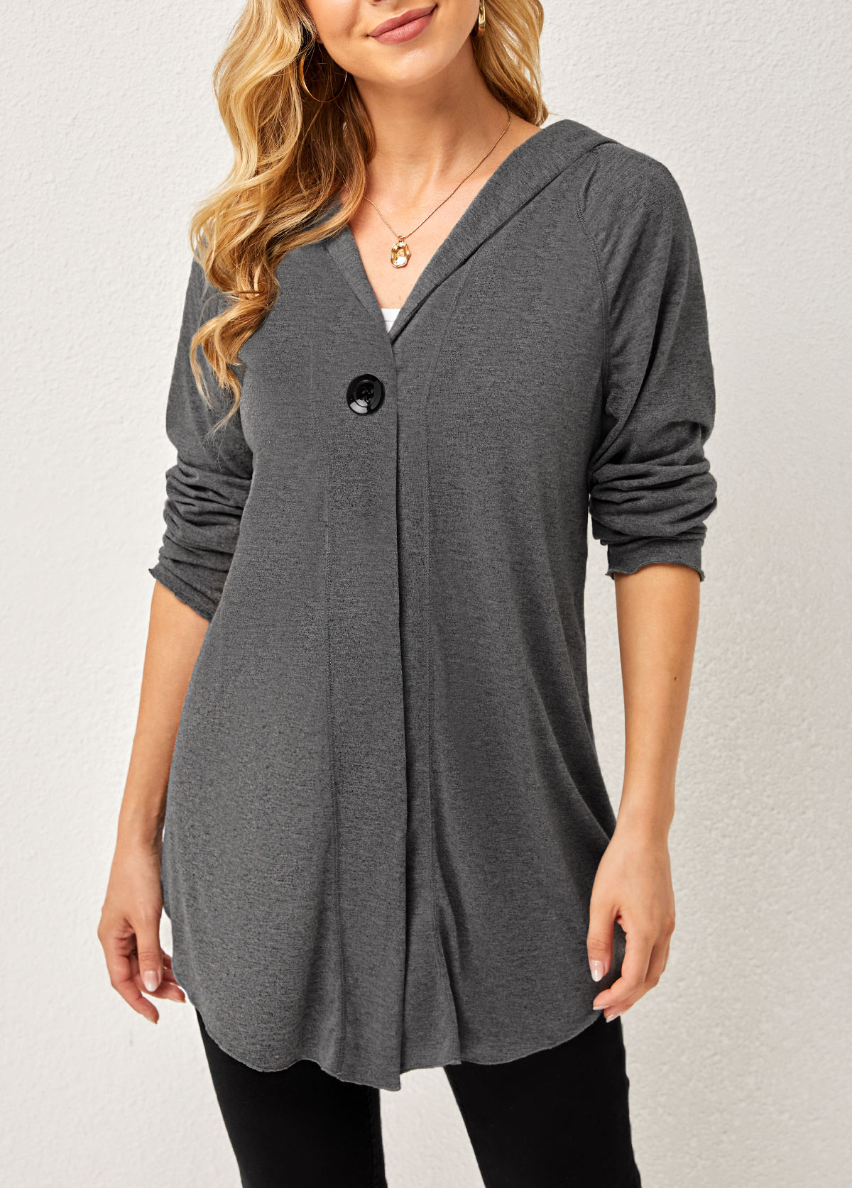 Grey tops,Plain Color tops,ROTITA One Button Solid Long Sleeve Hoodie