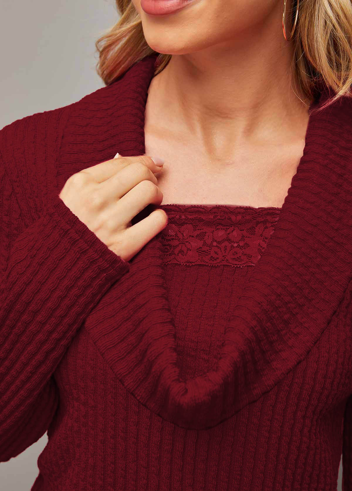 Wine Red tops,Plain Color tops,ROTITA Lace Patchwork Wine Red Draped Neck Valentines Sweatshirt