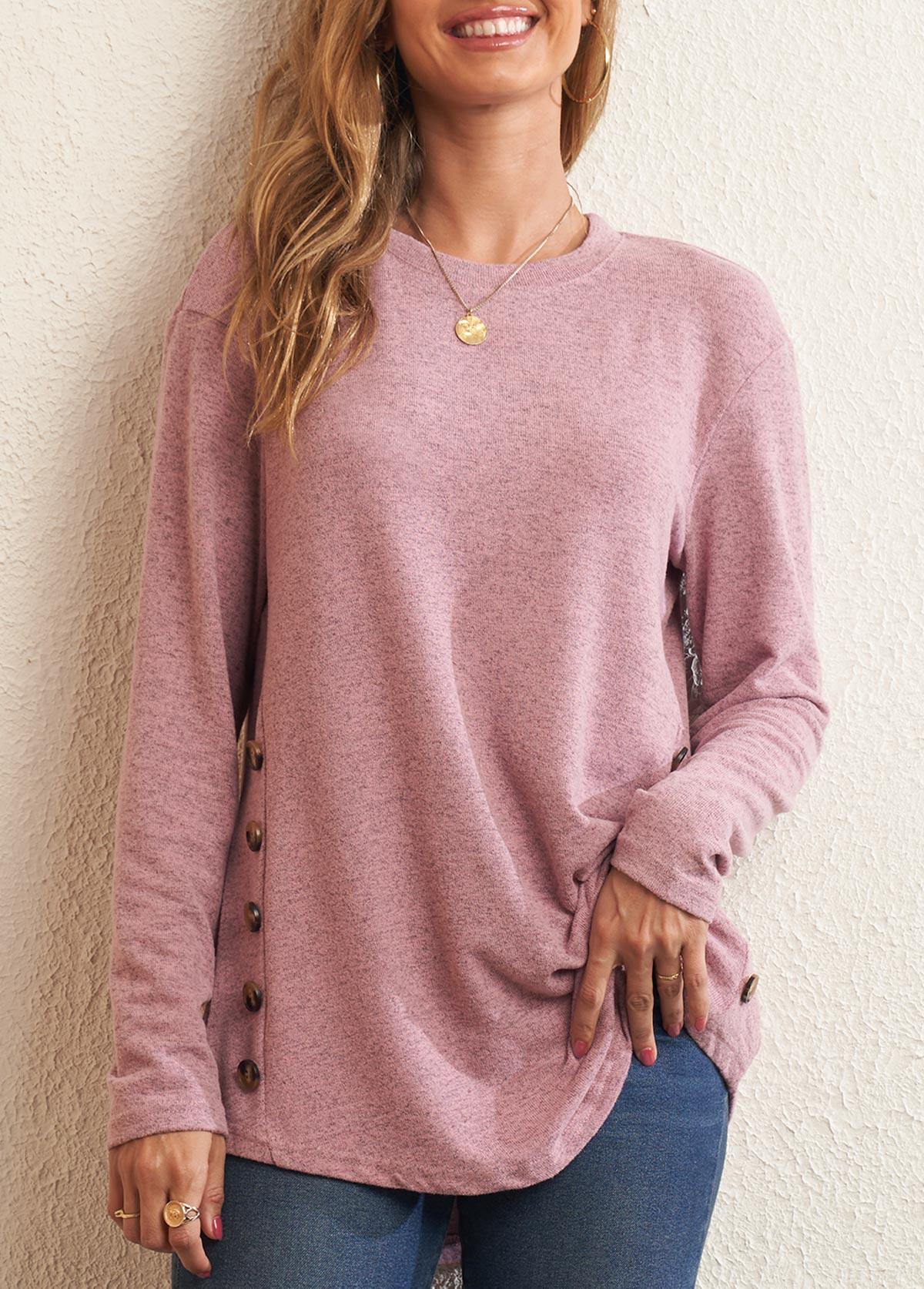 Pink Decorative Button Round Neck Long Sleeve T Shirt