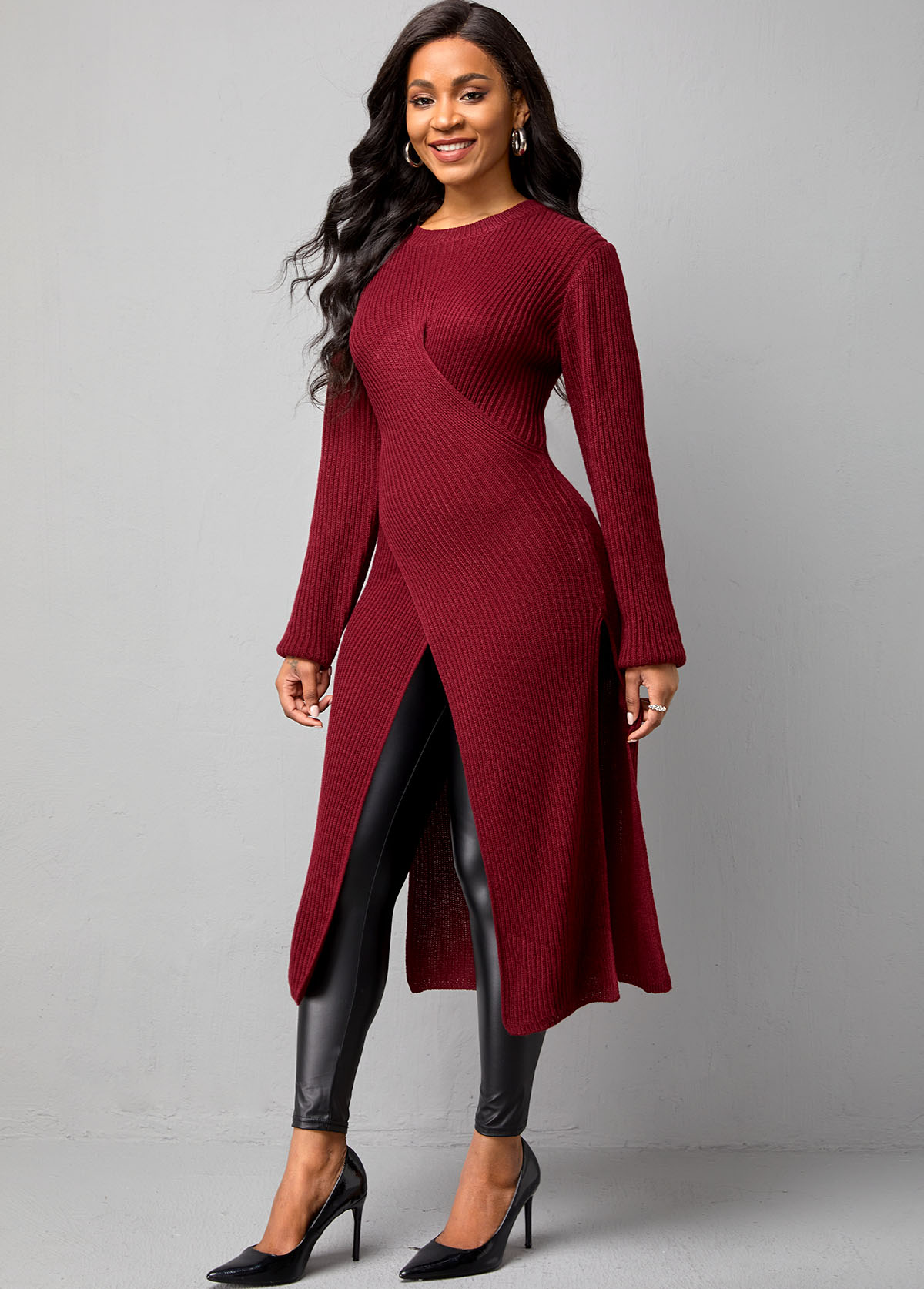 Wine Red tops,Plain Color tops,ROTITA Cross Front Wine Red Long Sleeve Sweater
