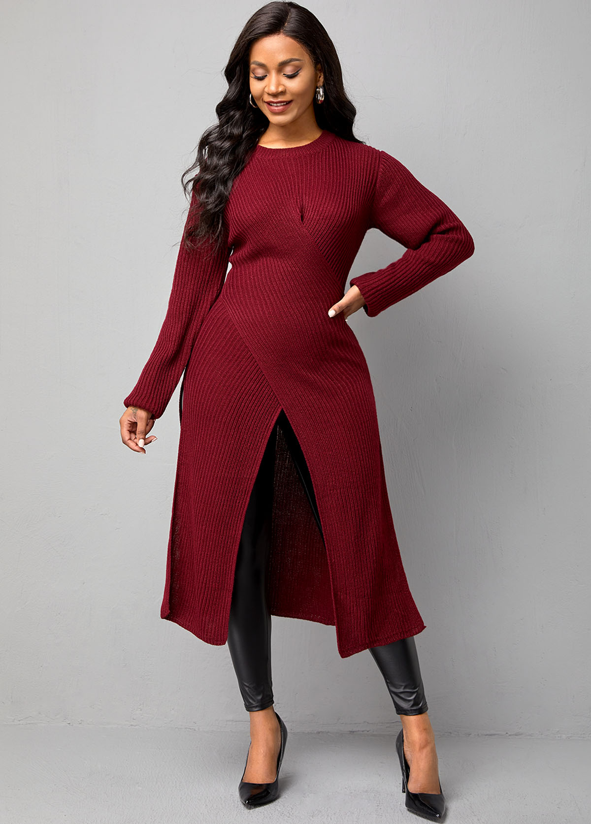 Wine Red tops,Plain Color tops,ROTITA Cross Front Wine Red Long Sleeve Sweater
