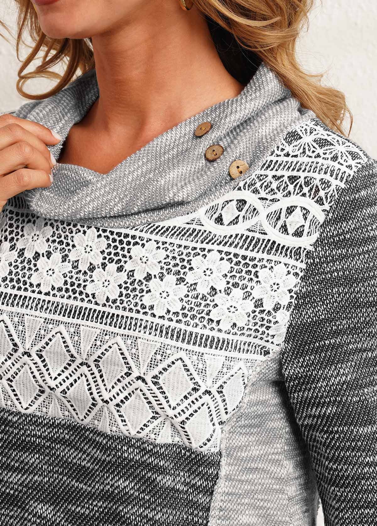 Grey tops,Contrast Color tops,ROTITA Lace Patchwork Contrast Color Grey Cowl Neck Sweatshirt