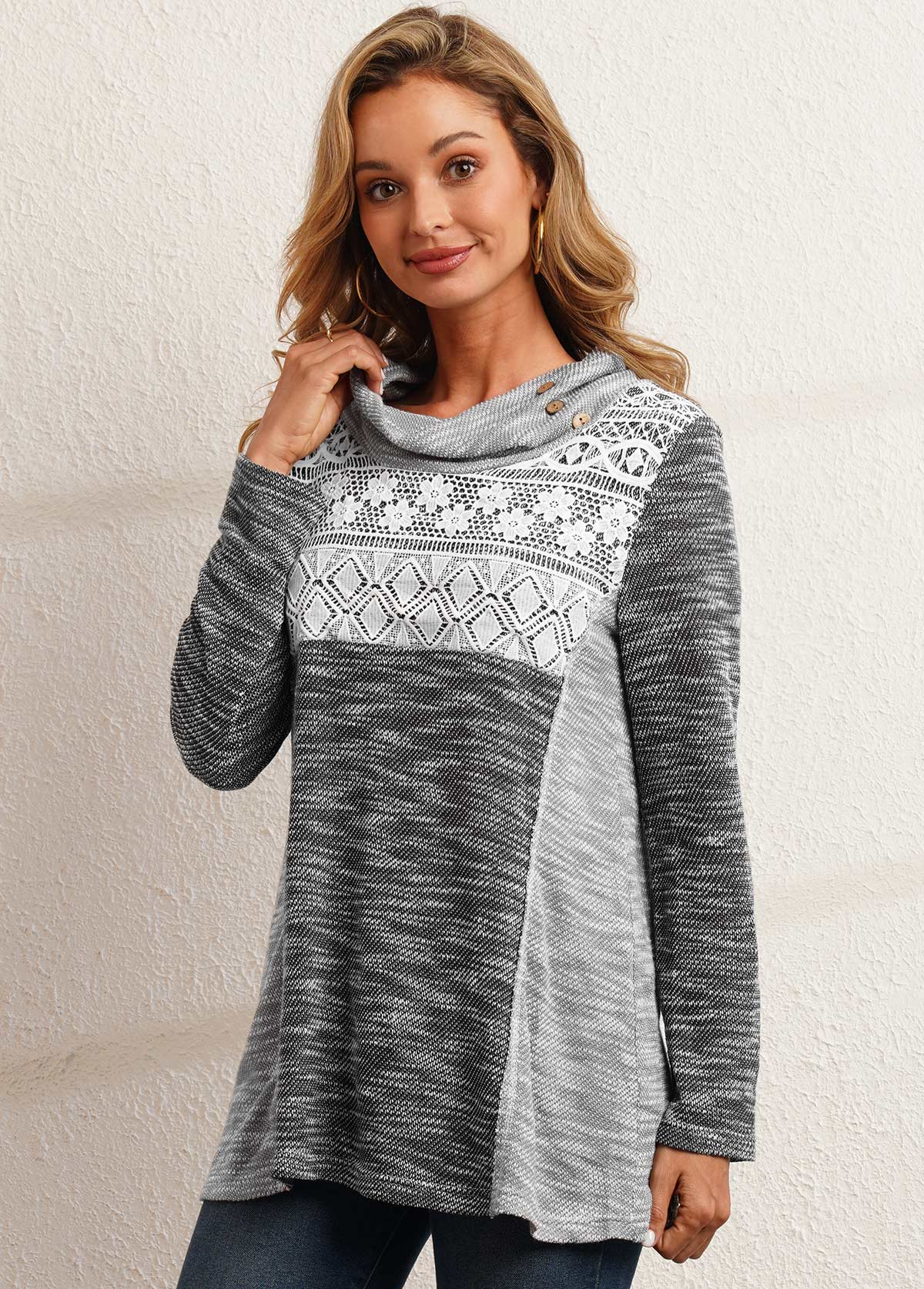 Grey tops,Contrast Color tops,ROTITA Lace Patchwork Contrast Color Grey Cowl Neck Sweatshirt