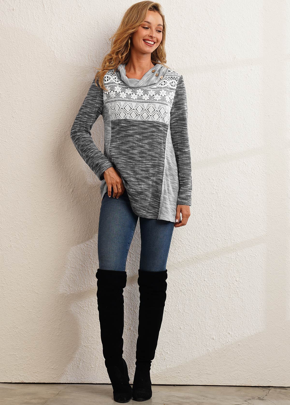 Grey tops,Contrast Color tops,ROTITA Lace Patchwork Contrast Color Grey Cowl Neck Sweatshirt