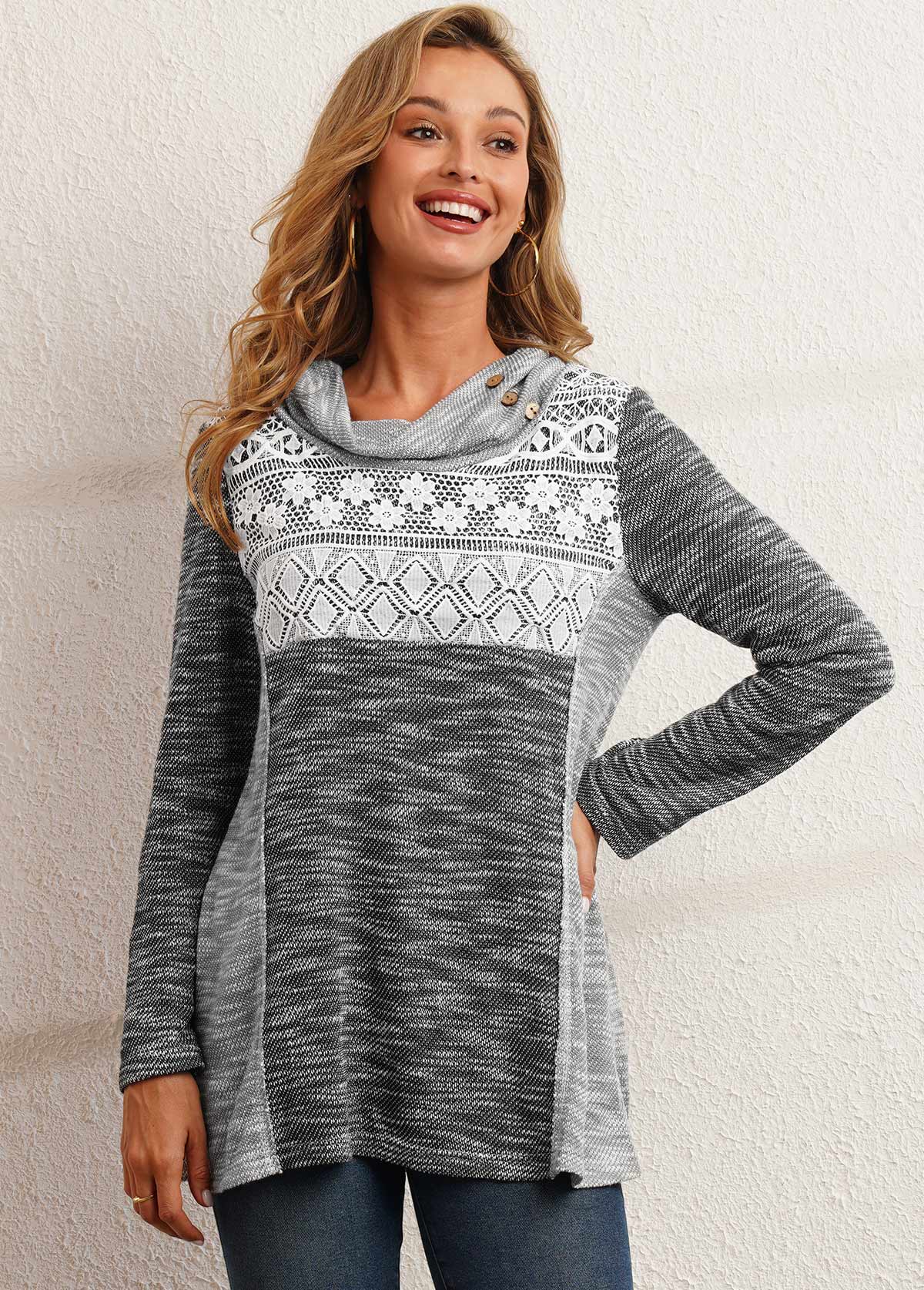 Grey tops,Contrast Color tops,ROTITA Lace Patchwork Contrast Color Grey Cowl Neck Sweatshirt